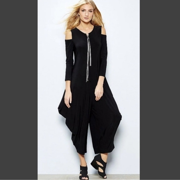 Joseph Ribkoff Harem Drape Cold Shoulder Zip Black Jumpsuit Stretchy Knit 2 - Picture 1 of 12